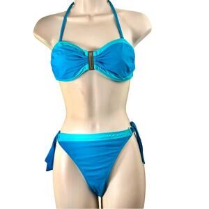 Leilani Bright Blue with Turquoise Trim Bikini Bathing Suit Gold Tone Trim